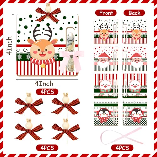 Christmas 07 Wooden Money Holders Set - Santa, Reindeer, Penguin, Holiday Icons, 4 Pcs
