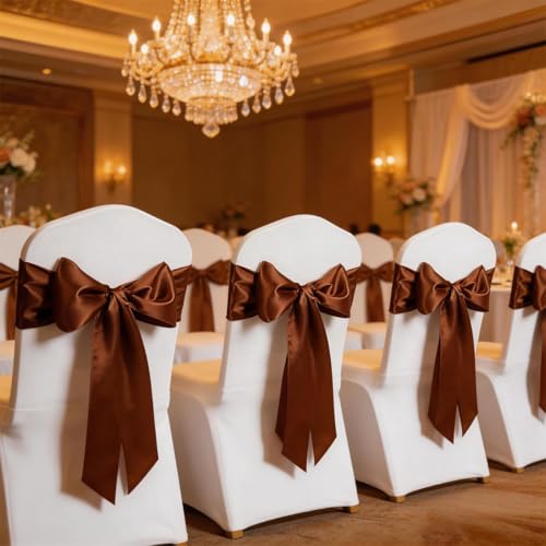Brown Satin Chair Sashes 50 Pack - Chair Bows for Wedding & Event Decor