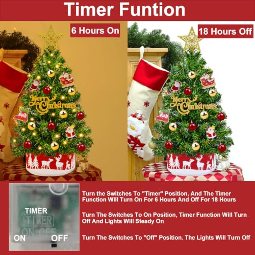 Grandeal 24-Inch Green Mini Christmas Tree with Lights & Ornaments, Timer