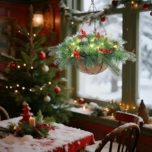 Pre-Lit Artificial Christmas Hanging Basket with LED Lights and Timer