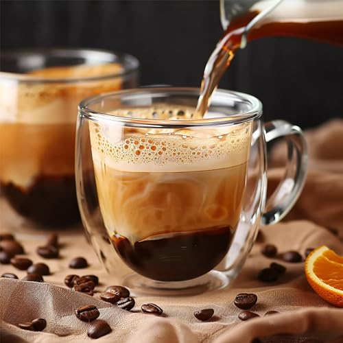 YMMIND 6oz Set of 4 Double Walled Glass Coffee Mugs with Handles - Insulated Borosilicate Espresso Cups for Hot Beverages