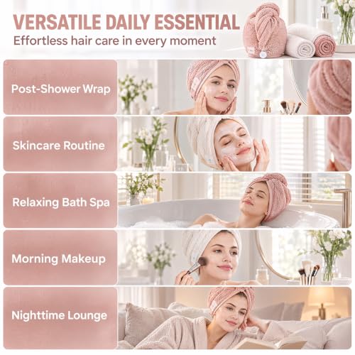 M-bestl 2 Pack Microfiber Hair Towel Wrap with Button - Pink & Beige Quick Dry
