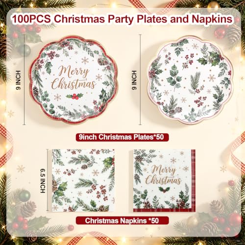 CENLBJ 100Pcs Christmas Plates & Napkins Set, Holly Berry Pine Cone 9in/6.5in - Vines Variation