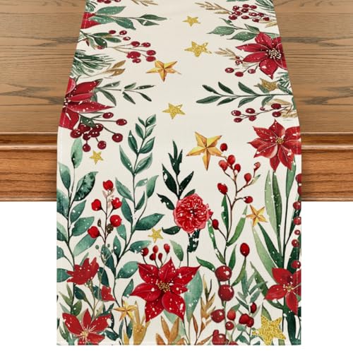 Artoid Mode 13x36 Inch Poinsettia Holly Leaves Christmas Table Runner