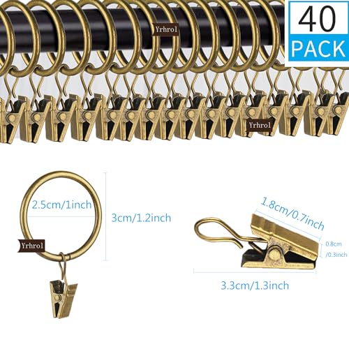 40 Pcs 1-Inch Antique Brass Curtain Rings with Clips for Drapery