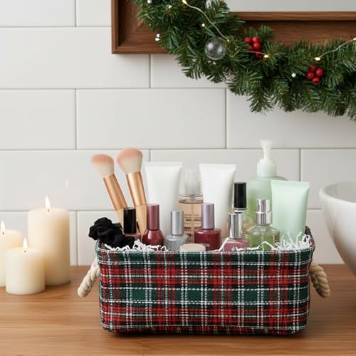 INough Red Christmas Gift Basket with Handles - Empty Collapsible Storage Bin, 13.8 x 10.2 x 5.1in, Water-Resistant Canvas