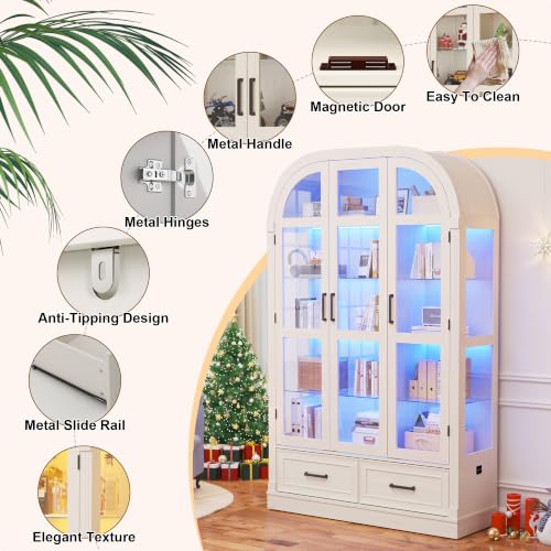 74-Inch Arched Glass Display Cabinet with Motion Sensor Tri-Color Lighting