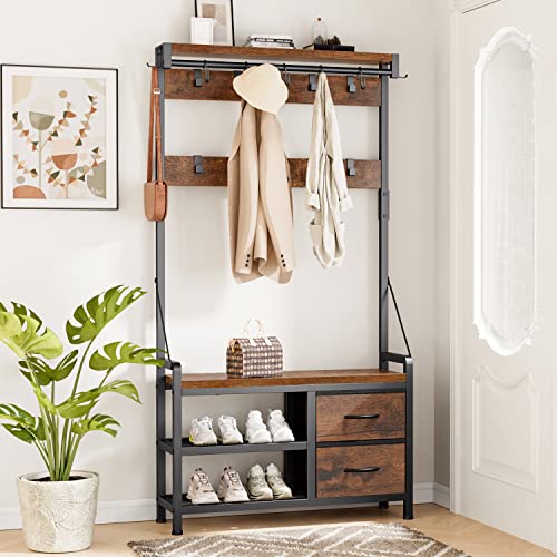 Rustic Hall Tree with Bench, Shoe Storage, 17 Hooks and 2 Drawers