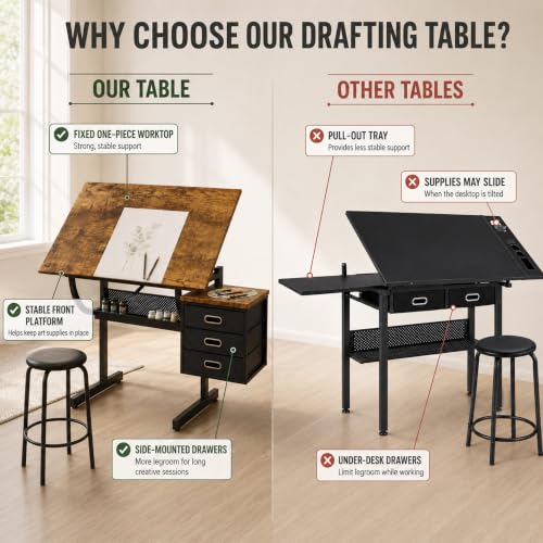 Adjustable Drafting Table with 3 Drawers and Stool for Artists