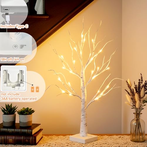2FT Lighted Tabletop Birch Trees (2-Pack) - 24 LED Battery & USB Powered