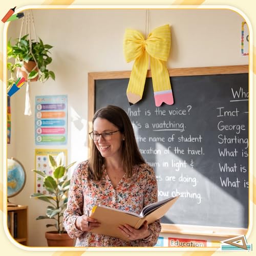Pencil Bow Classroom Door Hanger - Fabric Teacher Welcome Sign (9.5" x 14")