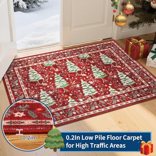 GarveeHome Red 2' x 6' Christmas Floor Runner Rug Non-Slip Washable Low-Pile with Tree & Animals Print