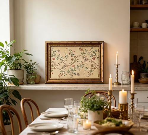 Vintage Gold Framed Floral Vine Wall Art Retro Beige Botanical Canvas 9x11
