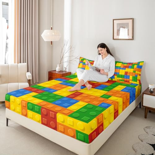 Building Blocks Twin Bed Sheet Set - 3-Piece Kids Bedding with Deep Pockets