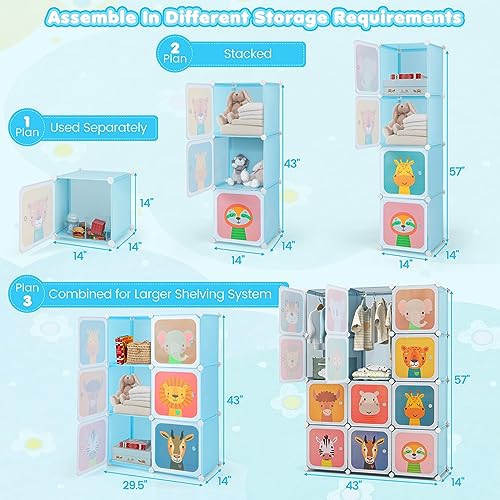 Modular Kids Wardrobe with 12 Storage Cubes and Hanging Rod - Blue
