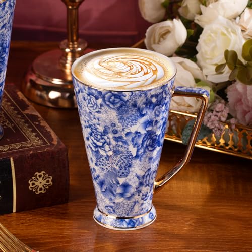 KAMMAK 18.6oz Ceramic Coffee Mugs Set of 2 with Elegant Blue-White Rim