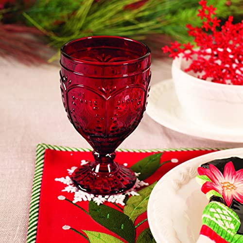 Red Ornate Glass Goblets, 12 oz Vintage Patterned Drinking Glasses, Set of 4