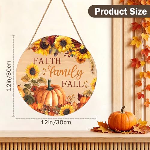 Faith Family Fall Wood Door Sign, 12-Inch Round Pumpkin Sunflower Wall Decor