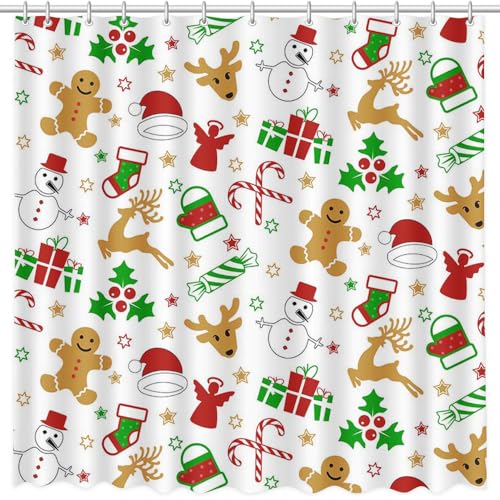MEHOFOND Colorful Christmas Shower Curtain 72x72 Inch Winter Gingerbread Stars Reindeer Snowman Bathroom Decor Waterproof Polyester