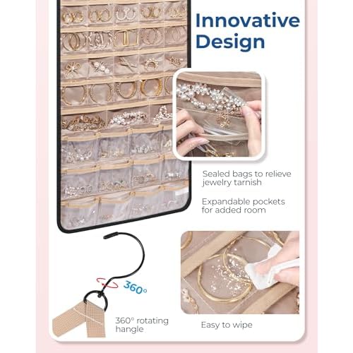 BAGSMART Hanging Jewelry Organizer, Necklace Holder Anti-tangle Earrings Rings Hanger with Pockets Hang on Closet, Wall, Door,1 Piece, Extra Large Black