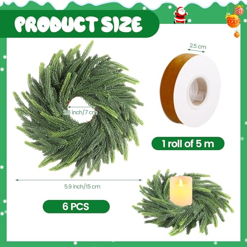 Aneco Brown 6pcs Christmas Candle Ring Wreath with Ribbon 6-Inch Artificial Norfolk Green Pine Home Decor