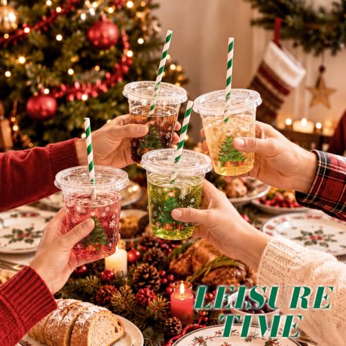 FoldTier 100 Pack Christmas Plastic Cups with Lids and Straws - Holiday Tree Design