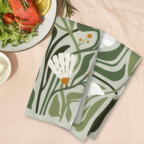 Sage Green Floral Kitchen Towels, Waffle Weave Dish Towels Set of 2