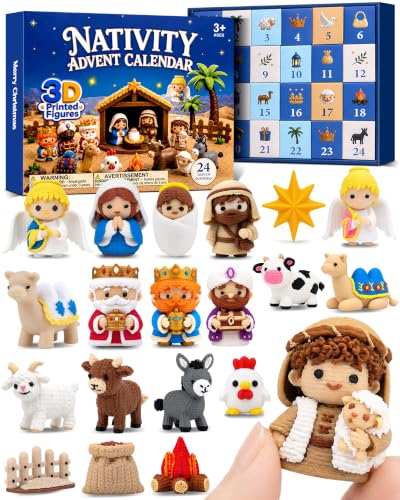 ESOAKER Nativity Advent Calendar 3D Printed Nativity Set Toys for Kids - Christmas Countdown