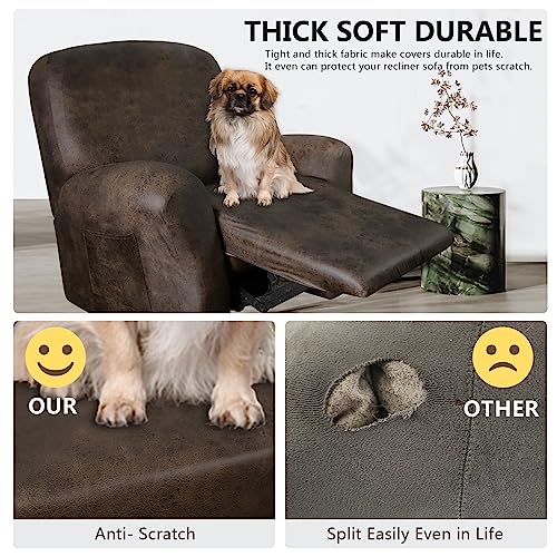 Faux Leather Recliner Chair Cover - 4-Piece Stretch Slipcover (Dark Brown)