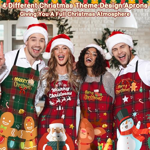FunChaos 4 Pack Christmas Chef Aprons for Women & Men Plaid Waterproof Kitchen Bibs