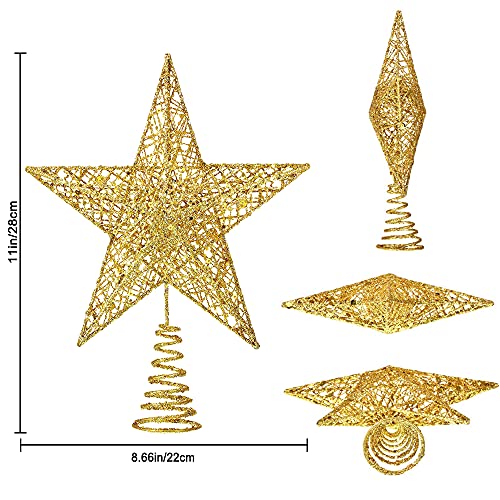 Gold Glitter Star Christmas Tree Topper - 10-Inch Hollow Metal Tree Decor