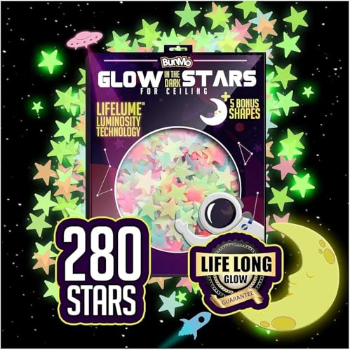 280-Piece Glow in the Dark Stars, Moon, and Planet Wall Decals for Ceiling