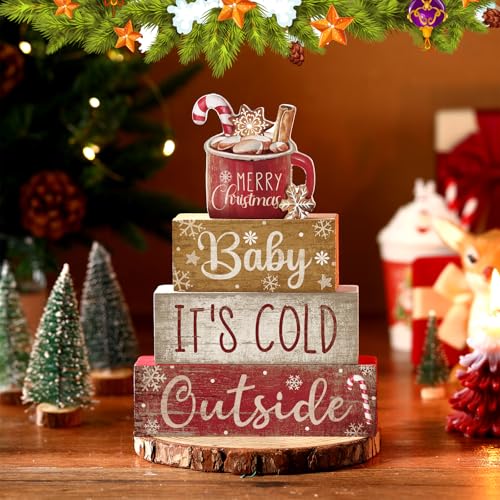 Moucuny Christmas Hot Cocoa Wood Sign & Book Decor Set - Indoor Holiday Tabletop Decorations