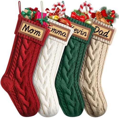Personalized Christmas Stockings with Leather Patches (Set of 4) - 18" Knitted