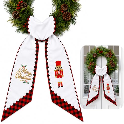 Christmas Wreath Sash Set - White Embroidered & Red Buffalo Plaid Ribbons - Holiday Door Decor - Variation: Red Black Plaid / 1 Set