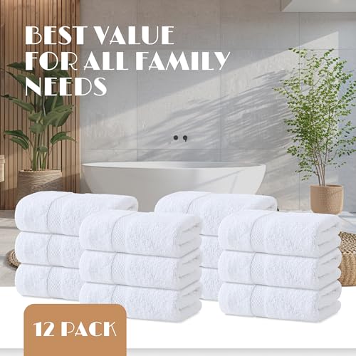 100% Cotton White Hand Towels 16x27 Inches - 12 Pack Quick Dry Towels