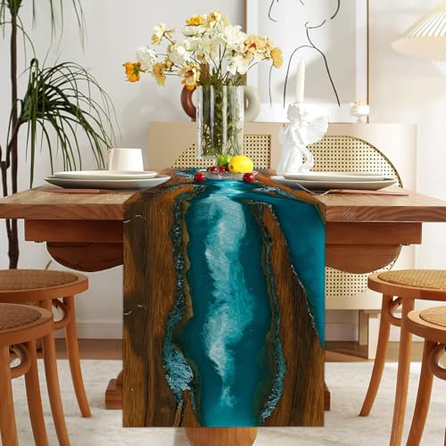 Forever Queen Teal Wood Grain Table Runner 13 x 72 Inch - Ocean Variation for Modern Farmhouse