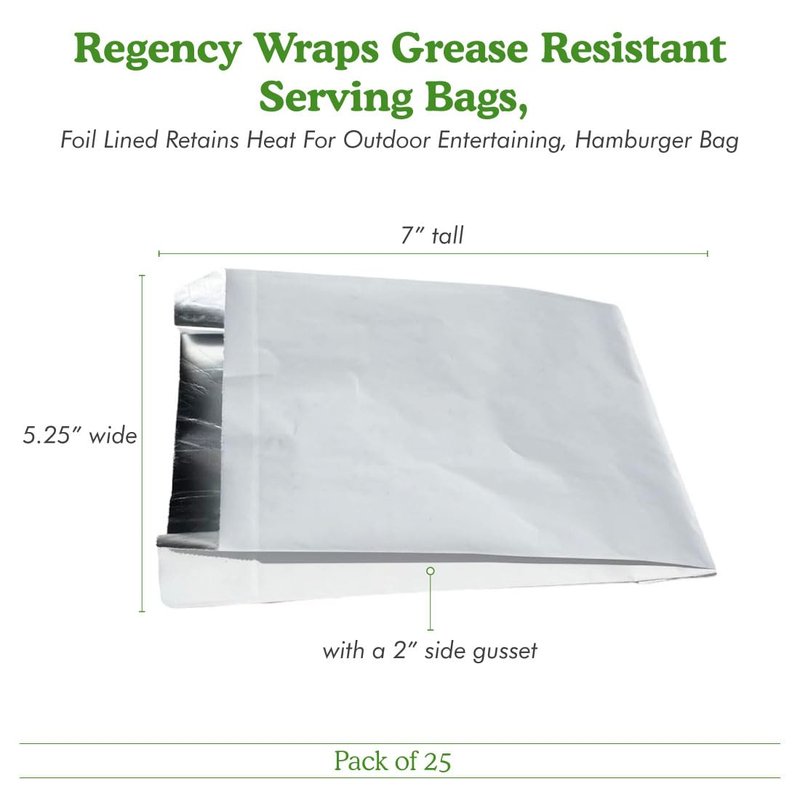 Regency Wraps Grease Resistant Snack Serving Bags, Foil Lined, Pack of 25 For Burgers, Sandwiches, Panini's, Pitas, Insulated to Keep food Warm