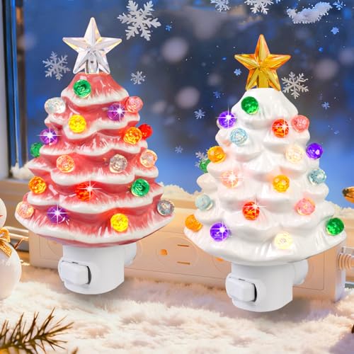 Semjar 2 Pack Ceramic Christmas Tree Night Light - White & Pink, UL Certified