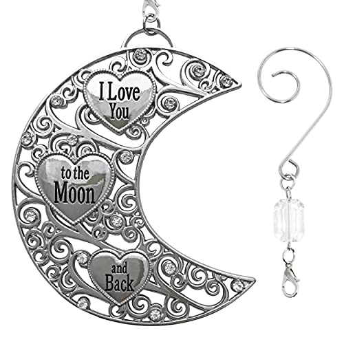I Love You to the Moon and Back Ornament Set of 2, Filigree Moon Hearts with Crystals – Red Gift Bags Included (BANBERRY DESIGNS)
