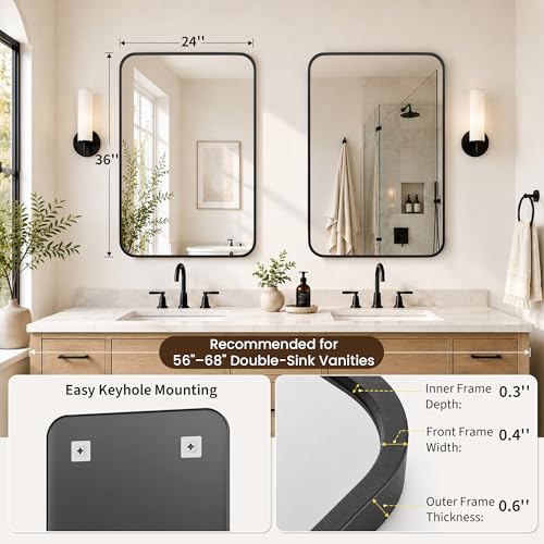 2-Pack 24x36 Inch Matte Black Rounded Rectangle Wall Mirrors, Iron Frame