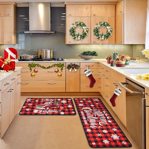 Voanos Christmas Buffalo Plaid Kitchen Rugs Set - Red Truck Holiday Decor, 17x30 & 17x47 Rectangular Variations