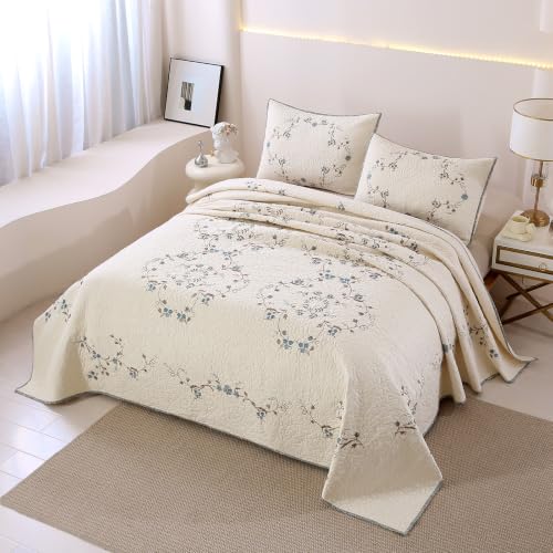 Elegant Floral Embroidered Bedspread Coverlet Set - Oversize Queen 100% Cotton