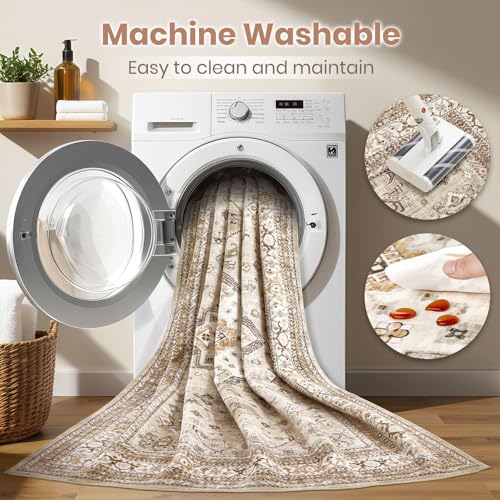 5x7 Washable Area Rug, Traditional Oriental Distressed Beige Carpet