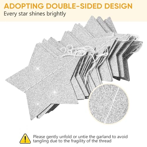 Silver Glitter Star Garland Decorations - 8 pcs, 66 Feet, Holiday & Party Decor