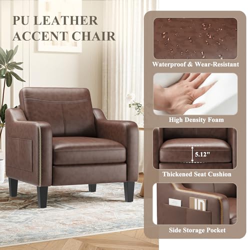 Mid-Century Modern PU Leather Accent Chair with Solid Wood Frame