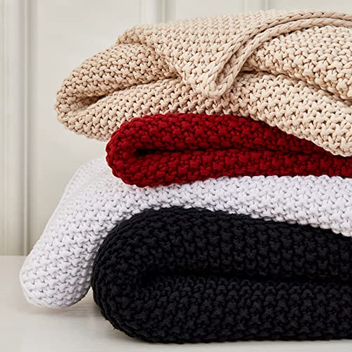 Chunky Cable Knit Throw Blanket, 100% Organic Cotton, 51" x 63", Beige