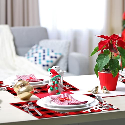 Irenare Snowflake Style Christmas Table Runner and Placemats Set Buffalo Plaid, 7 Pieces