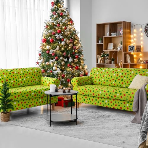 Peryiter 2 Pcs Christmas Sofa Cover Set Lime Green & Red Dots - Stretchable Milk Silk Slipcovers for Couch & Loveseat, Holiday Home Decor