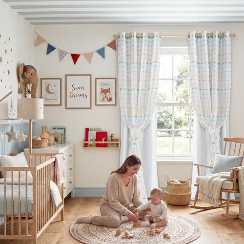 Rainbow Pom Pom Blackout Curtains, Double Layer Tulle Window Drapes, 52x84